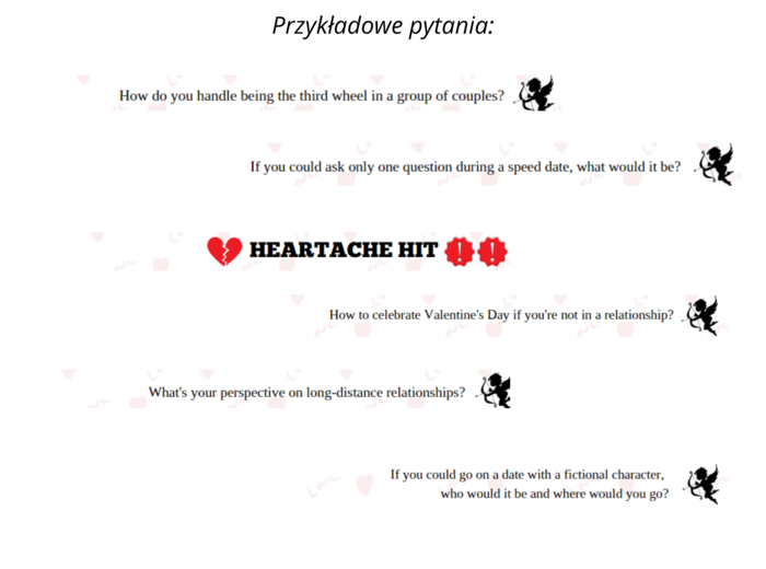 "Heartache Hit" - Love and Relationships Question Cards for Valentine's Day- 49 pytań związanych z miłością i związkami na Walentynki, gra w sylu kaboom dla poziomu średniozaawansowanego