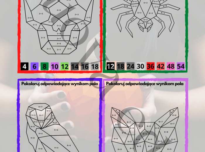 Halloween Kolorowanka Matematyczna TABLICZKA MNOŻENIA: Kolorowanie według wyników mnożenia dla dzieci 7-11 lat