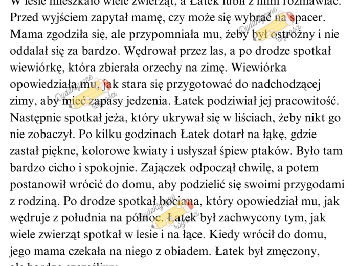 Czytanie ze zrozumieniem - 4 teksty dłuższe + pytania. Przygody zajączka Łatka, Ola i tajemniczy las, Maja i jej piesek, Zamek na wzgórzu.