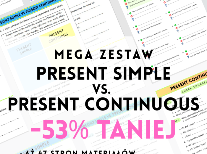 MEGA ZESTAW: Present Simple vs. Present Continuous - porównanie - czasy teraźniejsze - E8 - matura - wklejki = karty pracy - ćwiczenia - zadania - kartkówki - 3 zestawy speaking cards - mówienie - gry na Wordwall