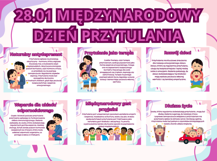 28.01- Międzynarodowy Dzień Przytulania- napis + 10 kolorowych kart A4