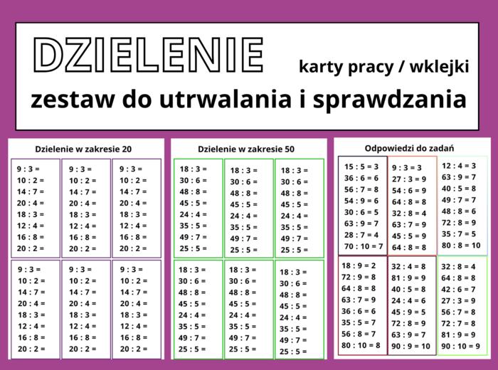Dzielenie - zestaw do sprawdzania i utrwalania - karty pracy / wklejki