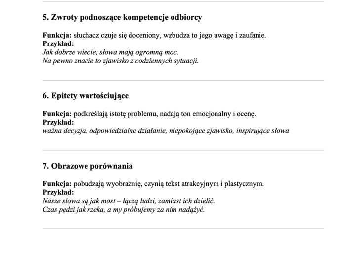 Przemówienie - schemat dla uczniów klasy ósmej