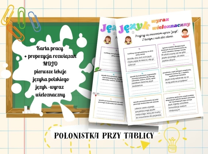 Karta + propozycja rozwiązań - język wyraz wieloznaczny, MDJO, Dzień Języka Ojczystego, pierwsze lekcje jezyka polskiego zastępstwo