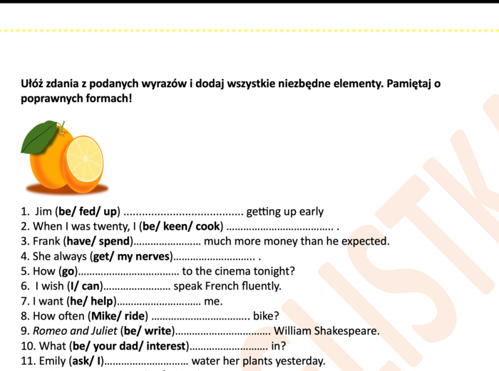 Układanie zdań z podanych elementów- nowy zestaw+ KLUCZ- egzamin ósmoklasisty
