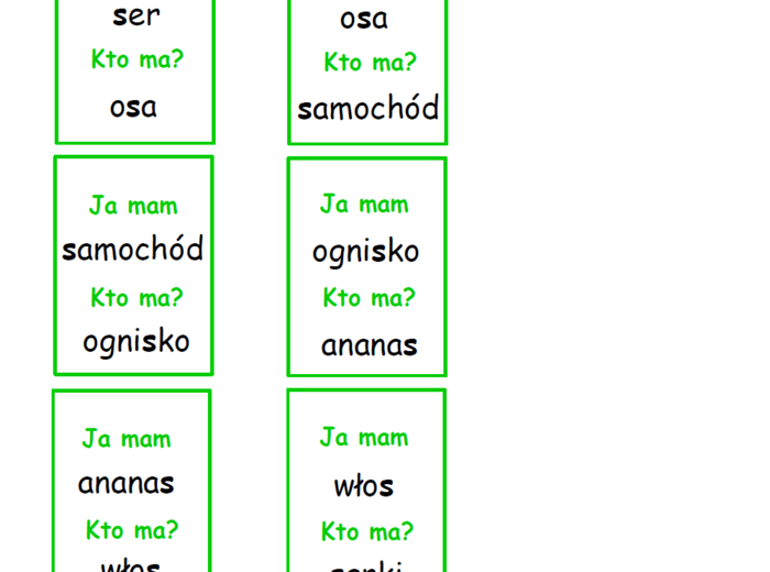 Gra logopedyczna - zestaw kart typu kto ma, ja mam – głoski syczące
