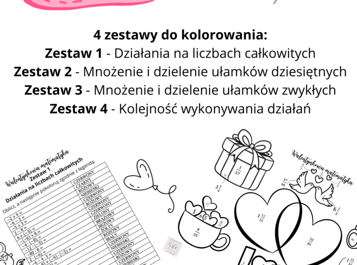 Walentynkowa matematyka - 4 zestawy do kolorowania