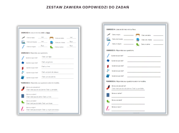 Qu'est-ce que c'est? - fournitures scolaires - język francuski, przybory szkolne, zadania