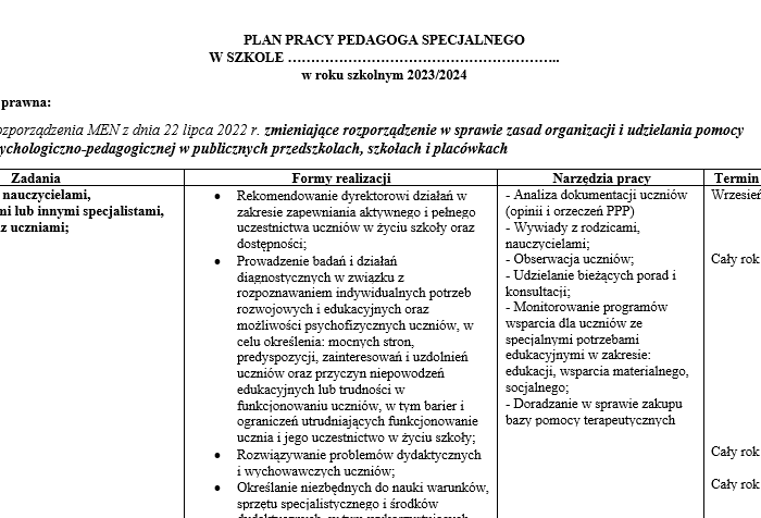 Plan pracy pedagoga specjalnego