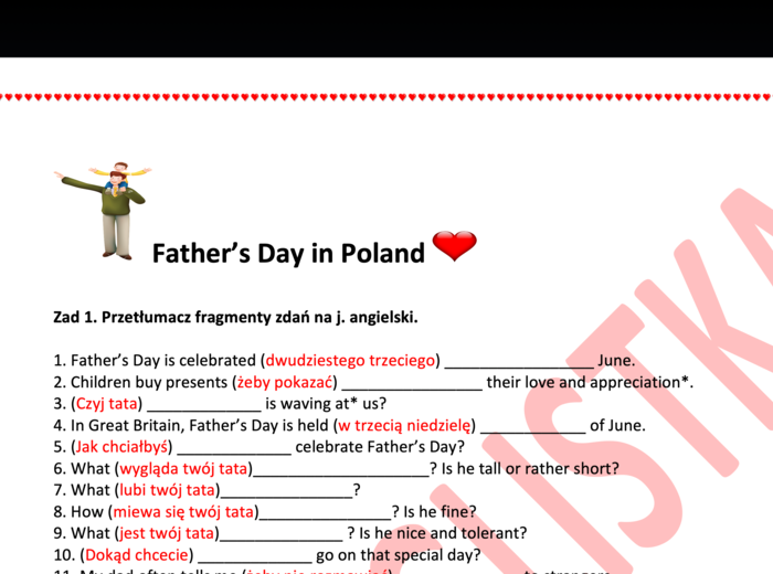 Father's Day- Dzień Ojca- tłumaczenie fragmentów zdań i budowanie zdań z podanych elementów E8