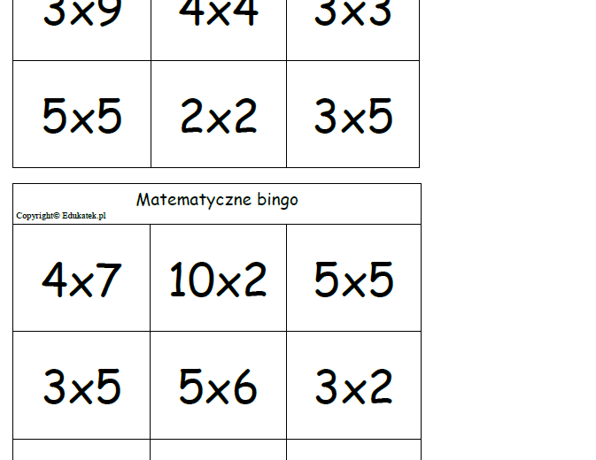 Matematyczne bingo- utrwalanie mnożenia