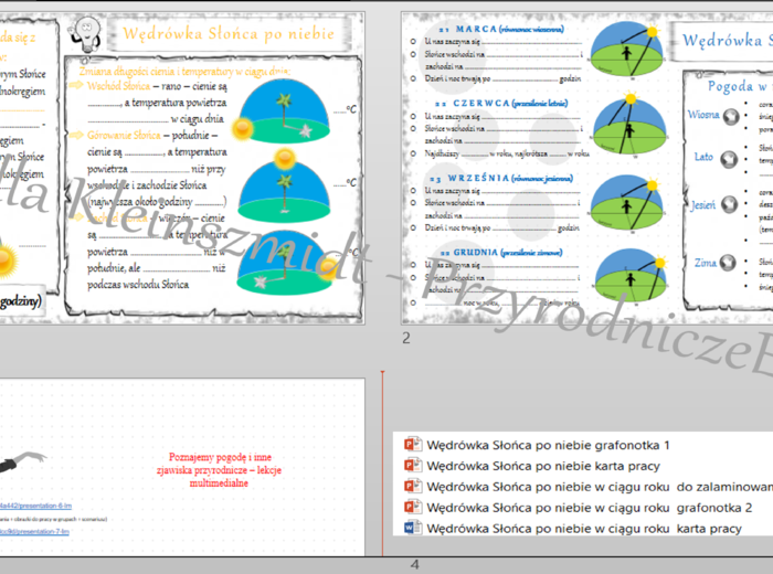 Karty pracy i pomysł/inspiracja na lekcję „Wędrówka Słońca po niebie” - karta pracy wykonana w power point + gratisowy pomysł na lekcję - link do lekcji multimedialnej niekomercyjnej wykonanej w genial.ly do indywidualnego pobrania i użycia do celów niek