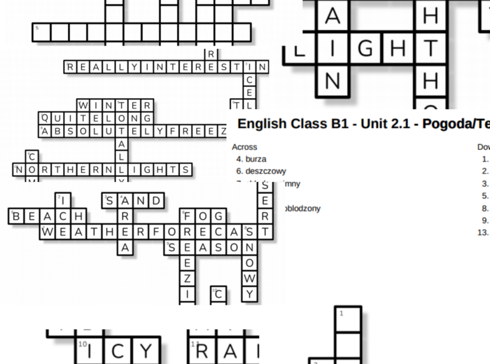 English Class B1 – Unit 2 – krzyżówki – Pogoda_Temperatura_Klęski żywiołowe/2.2/Wyrażenia przysłówkowe/Out of class/Z dala od cywilizacji
