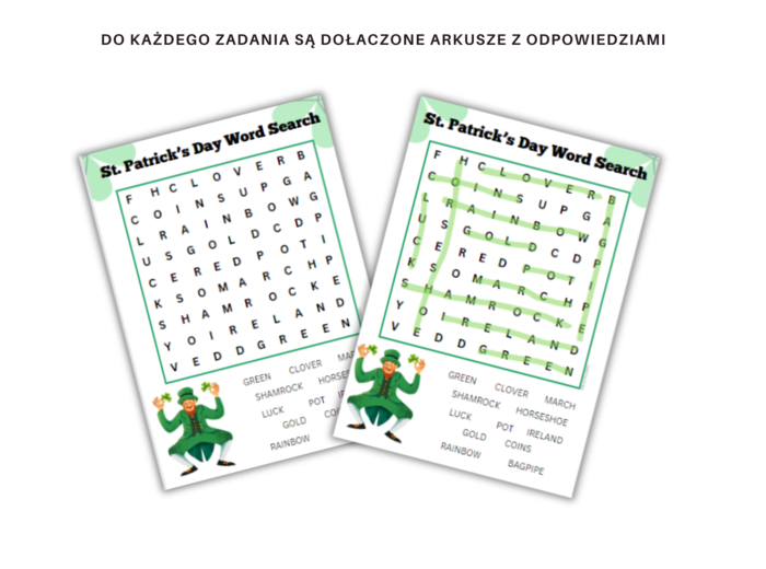 Saint Patrick Vocabulary Worksheet Set - Dzień Świętego Patryka - zestaw kart pracy ze słownictwem i tradycjami, dopasowanie, quiz, wykreślanka, czytanie ze zrozumieniem, dodatkowo karty do gry w memory