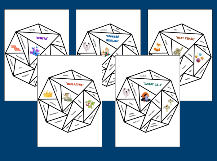 LEKTURY - kl. 7-8 – układanka – puzzle – egzamin – powtórka – ZESTAW - 12 szt.