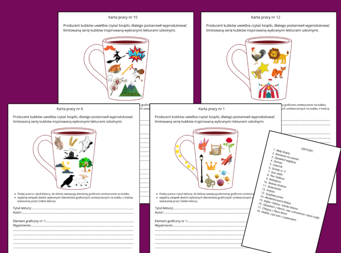 LEKTURY kl. 4-8 – ikonki – powtórzenie - powtórka - egzamin - karta pracy - karty pracy - 18 szt. - zestaw