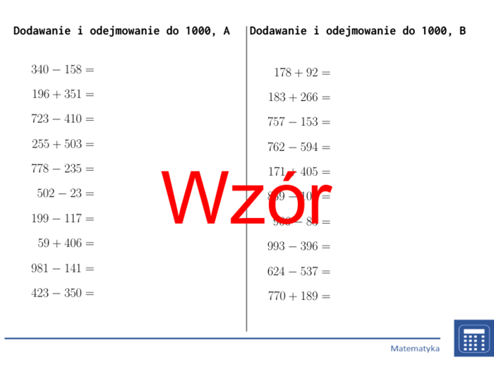 Dodawanie i odejmowanie do 1000 | matematyka | 26 kolumn