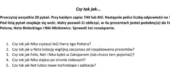 Gra typu psychotest z lektury "Felix, Net i Nika oraz Gang Niewidzialnych Ludzi"