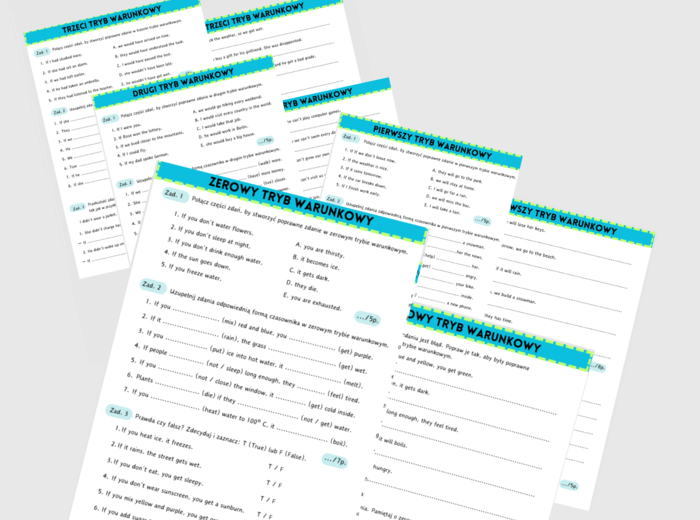 ZESTAW: Tryby Warunkowe - 0, 1, 2, 3 - Zero, First, Second, Third Conditional - karty pracy - ćwiczenia - wklejki - egzamin ósmoklasisty - matura