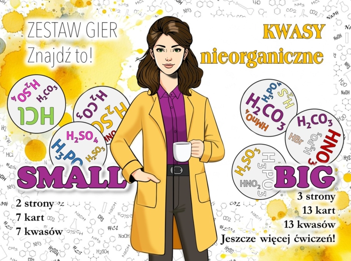 Klasa 7. Chemia. Znajdź to! Kwasy nieorganiczne. Gra typu dobble. ZESTAW – SMALL i BIG