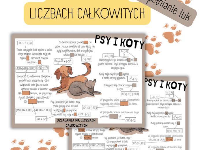Działania na liczbach CAŁKOWITYCH - uzupełnianie luk / ciekawostki / psy / koty