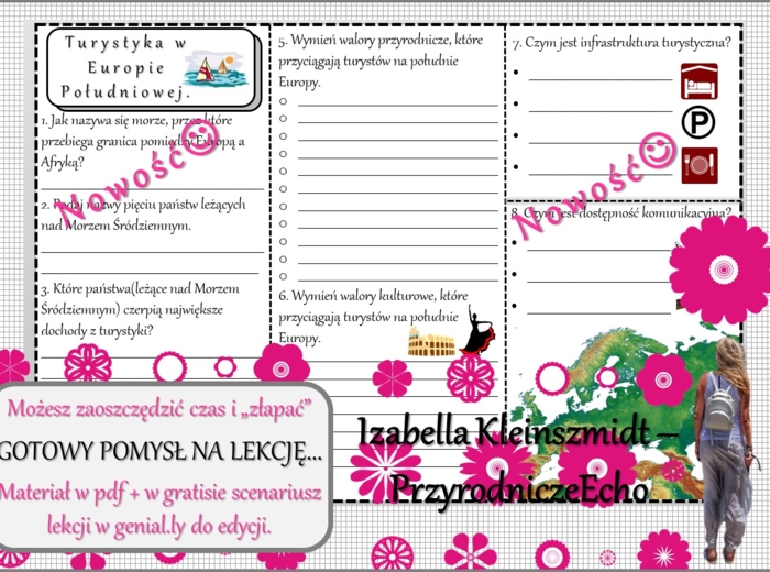 Pomysł na lekcję/karta pracy/stacje zadaniowe/notatki/ materiał do lekcji do tematu „Turystyka w Europie Południowej” w pdf. W gratisie niekomercyjny scenariusz lekcji/pomysł na lekcję w programie genial.ly do edycji. Geografia 6. Dział „Gospodarka Europ