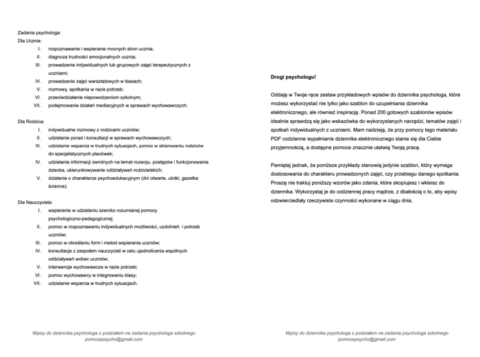 Ponad 200 przykładowych wpisów do dziennika psychologa szkolnego z podziałem na zadania psychologa szkolnego