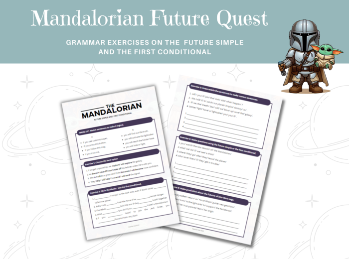 Mandalorian Future Quest - zestaw ćwiczeń językowych na ćwiczenie czasu Future Simple oraz pierwszego trybu warunkowego zainspirowany saga Mandalorian - czas przyszły, first conditional