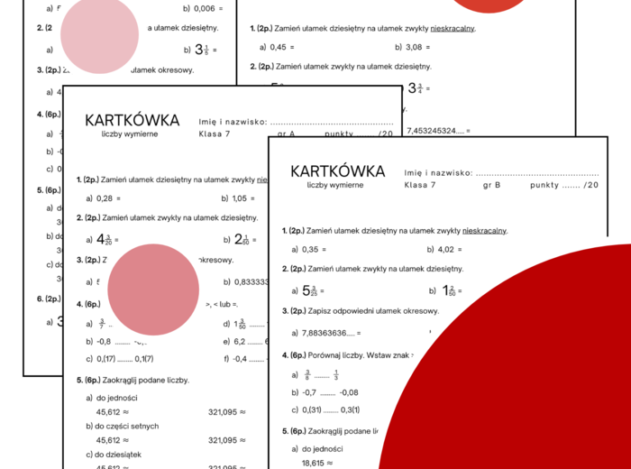 Kartkówka - liczby wymierne. Klasa 7. Klasa 8