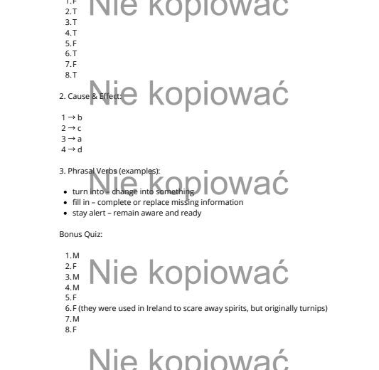 Karta pracy z czytanką "Halloween Myths Debunked" B1