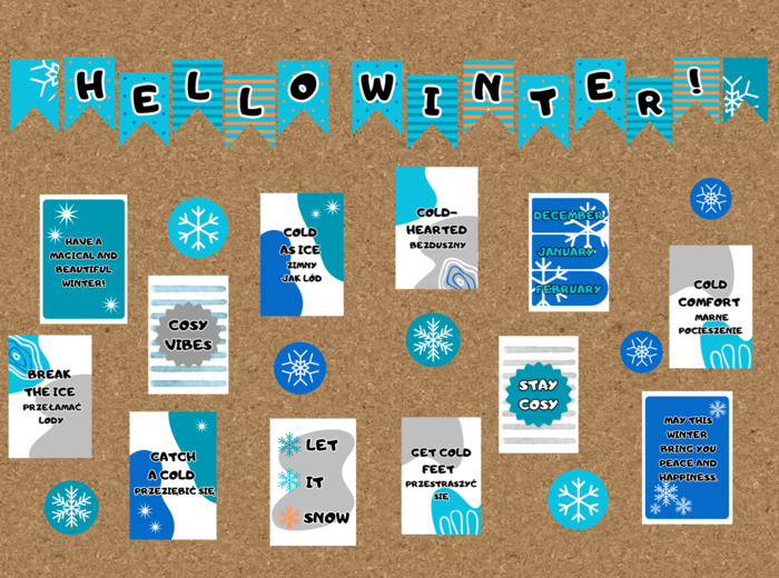 Gazetka szkolna o zimie w języku angielskim, idiomy, życzenia.