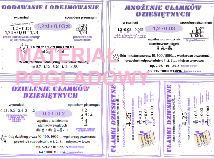 Ułamki dziesiętne - notatka, plansza, gazetka