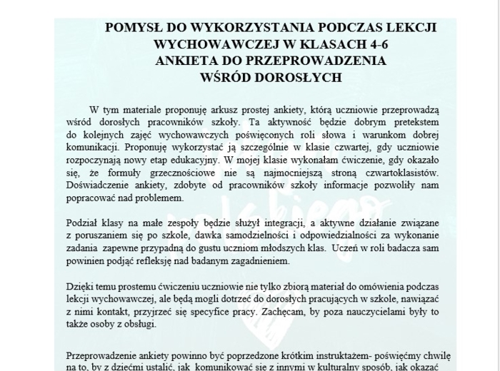 LEKCJA WYCHOWAWCZA- SŁOWA GRZECZNE I SKUTECZNE- UCZNIOWIE W ROLI ANKIETERÓW