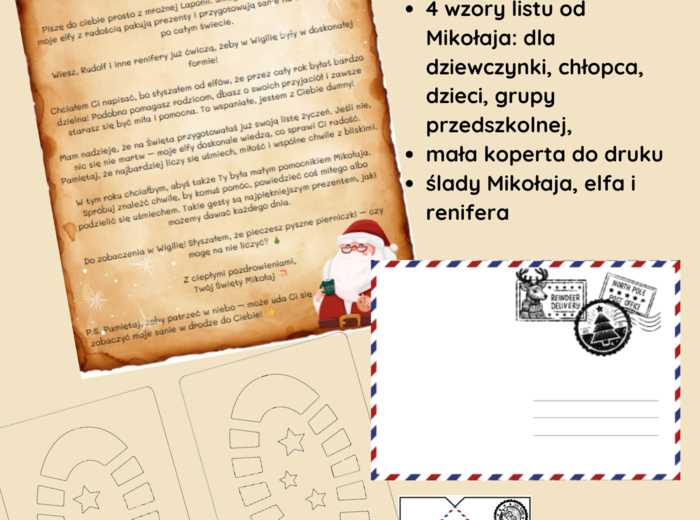 List od Mikołaja + koperta + ślady Mikołaja, Renifera i Elfa/ Mikołajki/ Wigilia