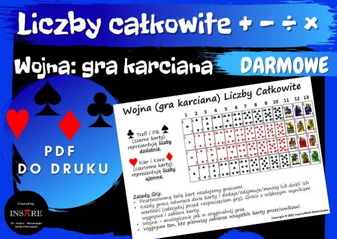 DARMOWA Gra Matematyczna - Wojna (gra karciana) Liczby Całkowite