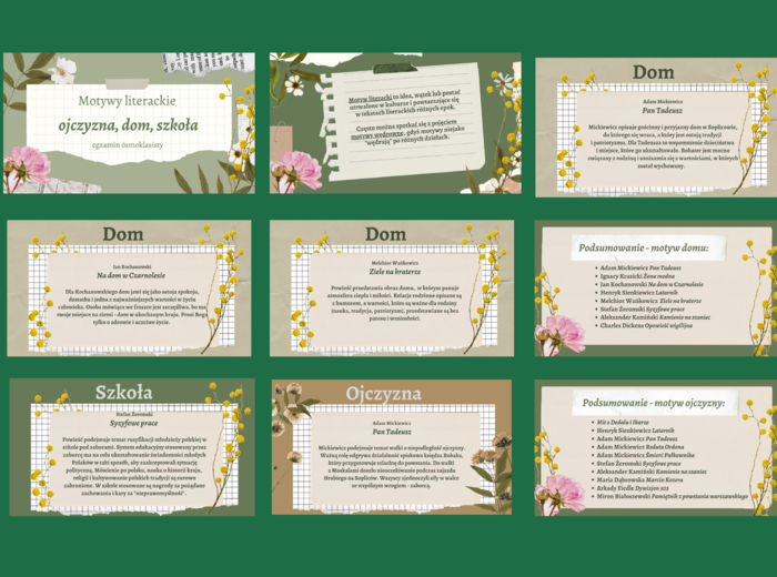 MOTYWY LITERACKIE - OJCZYZNA, DOM, SZKOŁA - prezentacja - 33 slajdy - lektury kl.7-8 i nie tylko - egzamin - powtórzenie