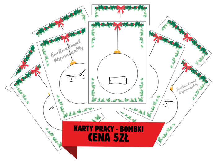 Karty pracy dla przedszkolaków/BOMBKI - DORYSUJ OCZY/USTA rewalidacja, emocje, psycholog, pedagog