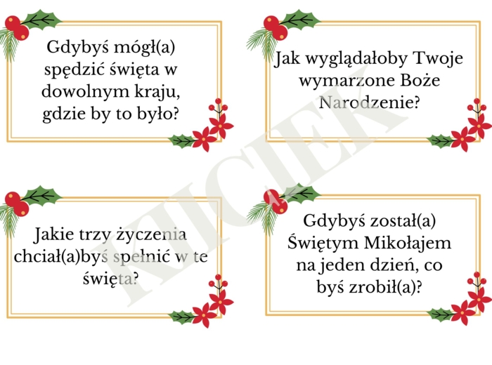 🎄❄️🎁 ŚWIĄTECZNE PYTANIA (50 KART) - GODZINA WYCHOWAWCZA, WIGILIA KLASOWA, SPOTKANIE ŚWIĄTECZNE 🎄❄️🎁