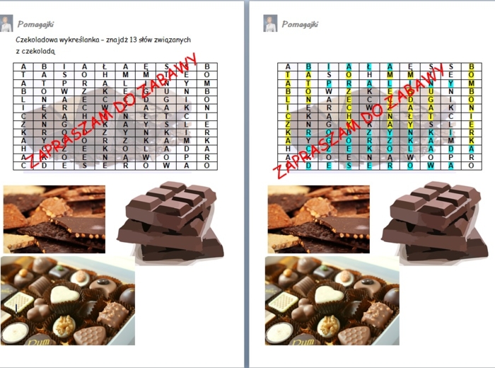 ?Wykreślanka - słodkie słownictwo dotyczące czekolady, trening ortografii