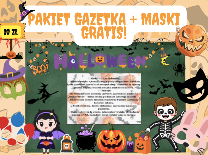 🎃 Pakiet Halloween – Gazetka + Maski GRATIS!| Kolorowa i edukacyjna dekoracja przyciągająca wzrok| Łącznie 35 stron do druku| Format A4 i mniejszy| 5 masek/dodatkowych dekoracji GRATIS!