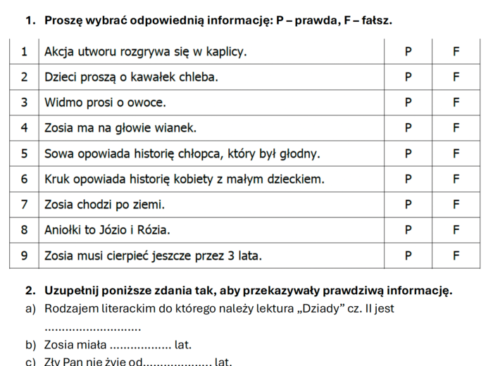 "Dziady" cz. II - kartkówka z treści i problematyki