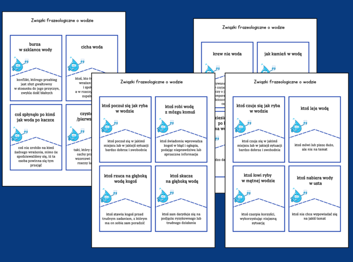 DZIEŃ WODY - woda – frazeologizmy – ZWIĄZKI FRAZEOLOGICZNE – fiszki – 28 szt. – kl. 4-8 – egzamin – powtórzenie – ćwiczenia