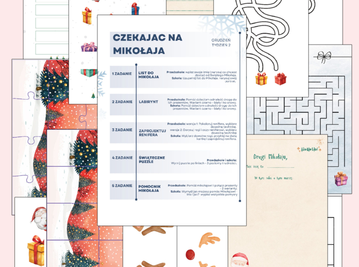 "Czekając na Mikołaja" - list do Mikołaja, labirynty, projekt renifera, puzzle, karty pracy - zadania na 5 dni!