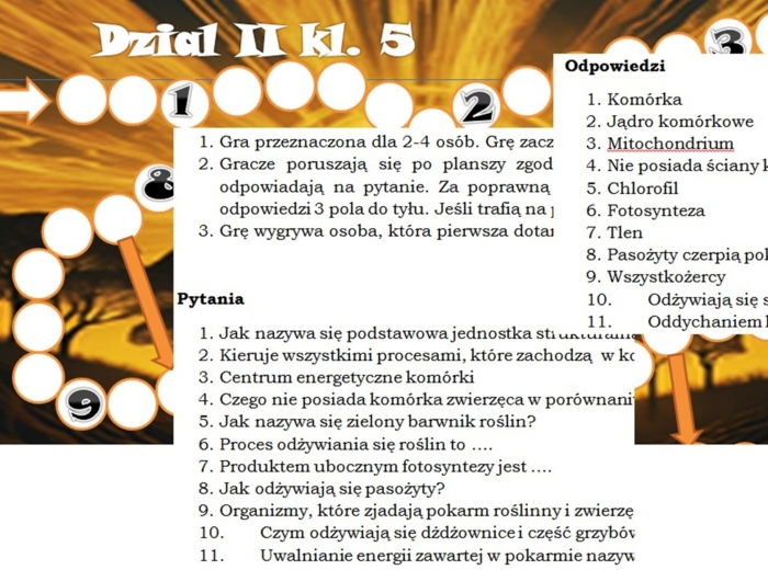Gra planszowa dla kl. 5 na lekcję powtórzeniową działu "Budowa i czynności życiowe organizmów"