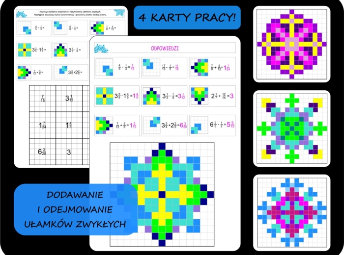 Ułamki zwykłe, dodawanie i odejmowanie ułamków, kolorowanki/kodowanki/bloksy, święta, Boże Narodzenie, śnieżynki, mandale