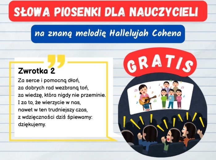 "Dziękujemy" Słowa piosenki dla nauczycieli na melodię Hallelujah Cohena.