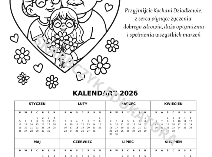 DZIEŃ BABCI I DZIADKA - KALENDARZ 2026 rok - różne wzory