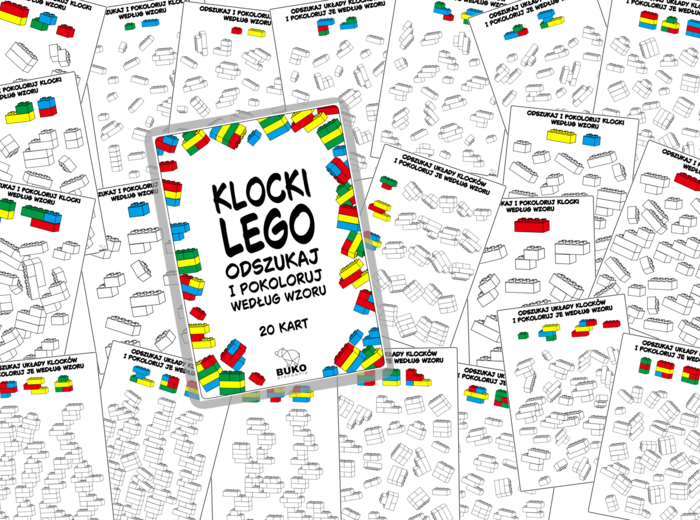 KLOCKI LEGO - odszukaj i pokoloruj według wzoru. 20 kart
