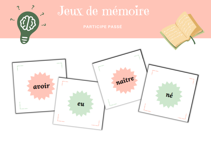 Karty z czasownikami do gry memory i nauki imesłowów czasu przeszłego, język francuski, passé composé, participe passé
