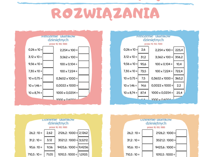 Mnożenie i dzielenie ułamków dziesiętnych przez 10, 100, 1000 / KARTY PRACY kl.4 - kl.8 PDF + ROZWIĄZANIA